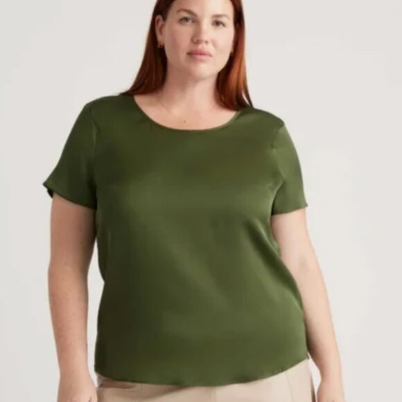 Quince Washable Stretch Silk Short Sleeve Tee Blouse Size S Olive Green Career - Picture 1 of 5
